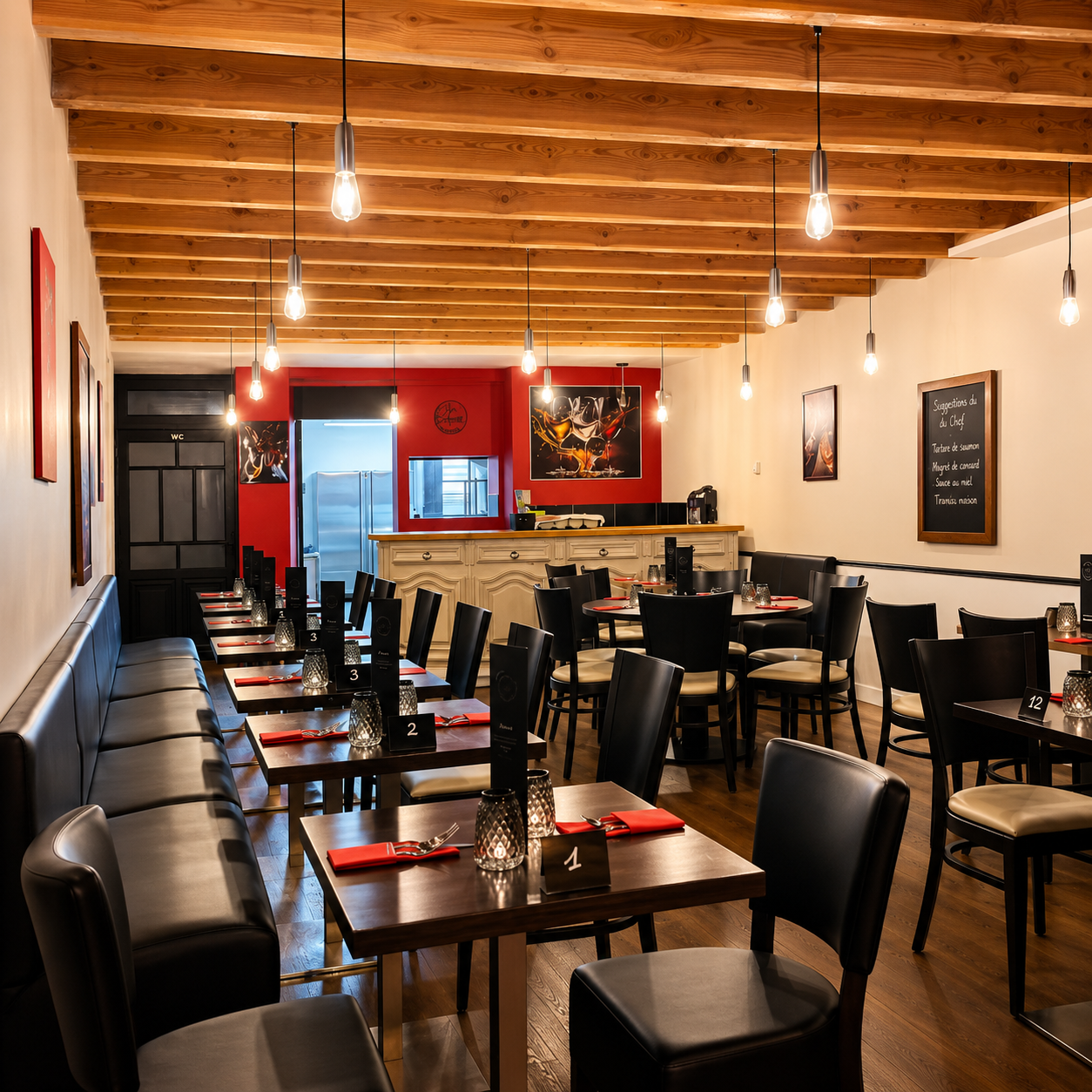 Salle du Bistrot Castel avec poutres apparentes